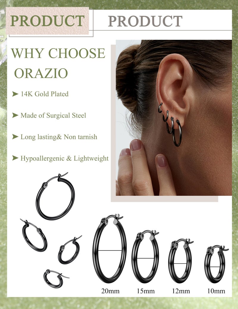 ORAZIO 4 Pairs Stainless Steel Hoop Earrings Set Cute Huggie Earrings for Women, 10MM, 12MM,15MM, 20MM Black Tone - Image 2